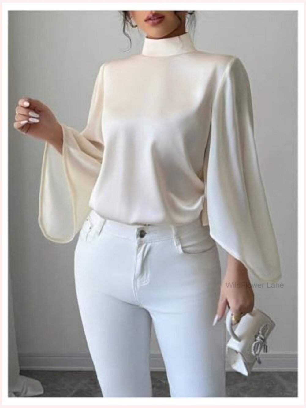 Elegant Flounce Sleeve Blouse Top Satin Mock Neck Business Casual Shirt - Picture 2 of 5